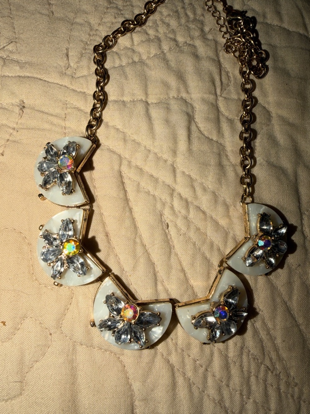 Gold-Tone White Floral Crystal Statement Necklace